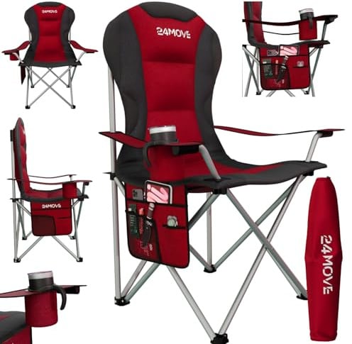 24MOVE® Campingstuhl faltbar bis 150 kg, Faltstuhl Angelstuhl Klappstuhl Gepolstert mit Armlehnen, Getränkehalter + Tasche mit hoher Rückenlehne, Strandstuhl, Klapphocker, rot