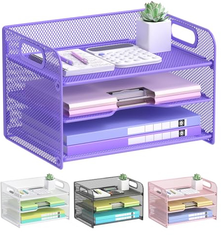 OUTWOLF 3-stufiger Schreibtisch Organizer, Netz Papier Organizer mit Griff, Papierablage Organizer, Akten-Organizer für A4-Aktenordner, Papier, Buch, Magazin, Violett
