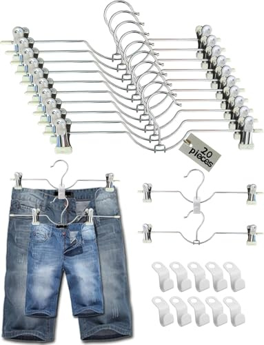 WJWSKI Hosenbügel, 20 Stück kleiderbügel Hosen, hosenbügel klemmbügel platzsparend aus Metall, Rockbügel Haken mit 360° Drehung 31cm, kleiderbügel mit klammern Geeignet für Hosen, Röcke, Socken usw