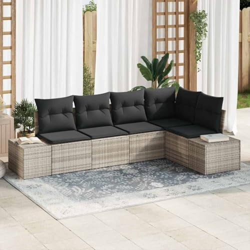 QJBSAVVA Gartensofa Lounge Set 5 TLG Hellgrau Poly Rattan 264 x 154 cm Modularer Outdoor Eckcouch mit Stauraum für Balkon Terrasse Garten Modernes Design und Robustes Material