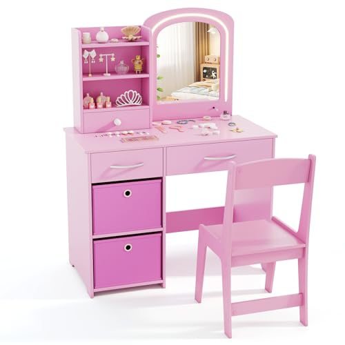 COSTWAY Kinder Schminktisch mit Beleuchtung, Kinderschminktisch mit Spiegel, Schubladen & 2 Boxen, Frisiertisch Prinzessin Set, Kosmetiktisch für Mädchen ab 3 Jahren (Bogen, mit Boxen,Rosa)