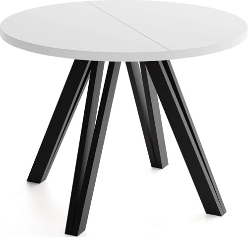 WFL GROUP Runder Esstisch Ausziehbar 100–180 cm mit Schwarzen Holzbeinen aus Buchenholz – Moderner Ausziehtisch für Esszimmer, Küche und Wohnzimmer – Tisch für 4–8 Personen – Weiß