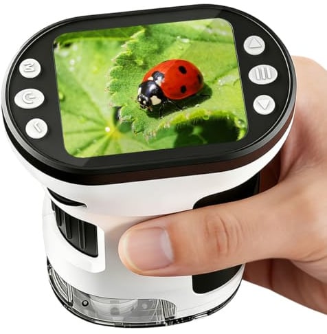 FIVAVA 1000X Mikroskop für Kinder, tragbares Digitales Mikroskop mit 2,0-Zoll-IPS-Display, Kinderlupe, USB-aufladbar, inkl. Objektträgerset, 32G-Speicherkarte und Ständer, Kids-Gartenspielzeug