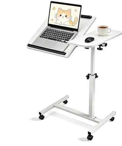 Delousiber Height Adjustable Bedside Table on Wheels (50-80cm), Mobile Laptop Desk with Tiltable Top, Rolling Computer Stand for Sofa/Bed, Portable Standing Desk (White)