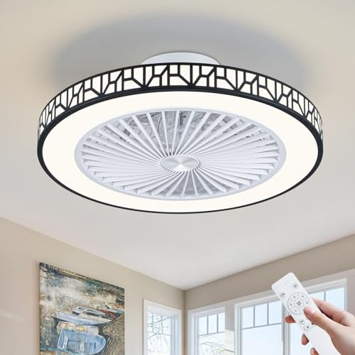 UNRRYI Low Profile Ceiling Fans with Lights and Remote, 6 Speeds 48cm Reversible Bladeless Ceiling Fans，Dimmable Quiet Fan Lights Ceiling for Bedroom Fandelier Ceiling Fan with Light