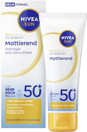 NIVEA SUN Sonnenschutz LSF 50+, mattierende Sonnencreme für das Gesicht mit Anti-Glanz-Effekt, atmungsaktive Sonnenmilch mit leichter Textur, Breathable UV Gesicht Mattierend (40 ml)