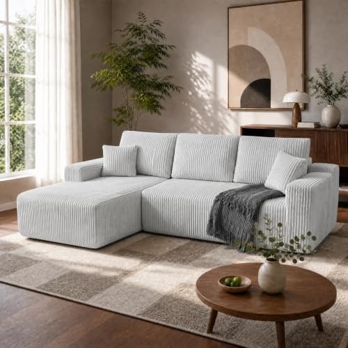 HOMRELEXA 267cm Ecksofa mit Schlaffunktion, Corduroy Boneless Couch, Grau | Modulares Schlafsofa L Form, 75cm Sitztiefe, Sofa 3 Sitzer mit Chaiselongue, Montagefrei Wohnlandschaft