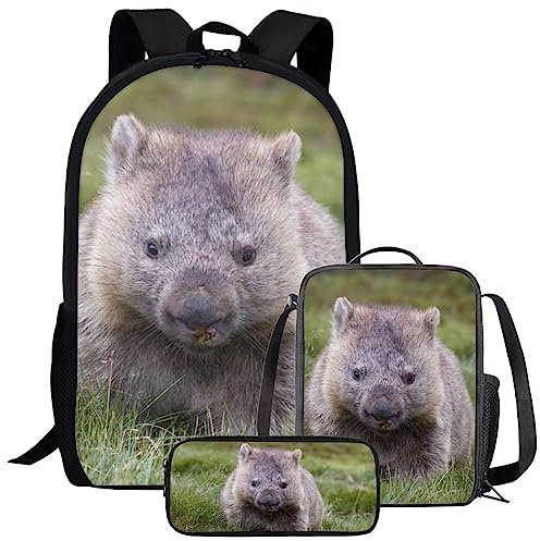 THKVSV Kinder-Rucksack mit Tiermotiv und Lunchbox für Jungen, Mädchen, Studenten, leicht, 43,2 cm, Schulrucksack mit Lunchtasche, Federmäppchen, bequem, gepolstert, schwarz, große Büchertasche, Wombat