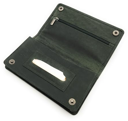 Tabakbeutel aus Büffelleder, Komfortgröße mit Seitenfalte – Platz für 30 g Tabak, separates Blättchenfach, Innen-Reißverschlussfach für Filter, großes Rückfach (Hunter Komfort grün)