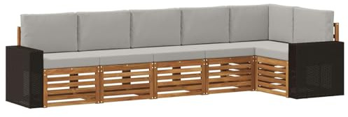 vidaXL Ecksofa Set 6 pcs Natürlich und Hellgrau Massivholz Akazie, Garten, modernes Outdoor-Sofa, Eckmöbel, Lounge für die Terrasse, gemütliches Sitzset