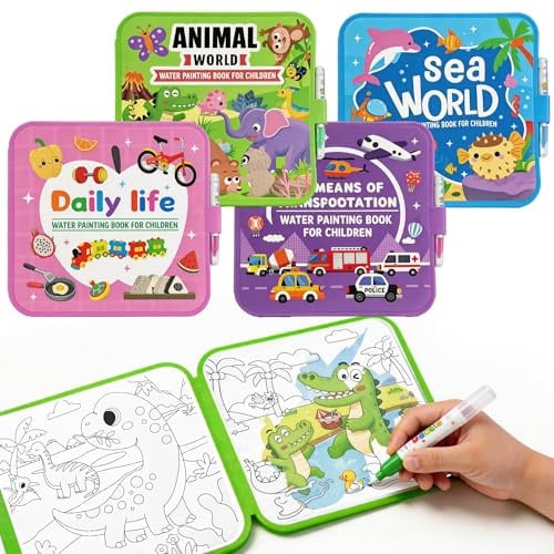 cabaro 4er Set EVA Wassermalbuch Kinder ab 3 Jahre, Reißfest & Wasserdicht | Wiederverwendbares Magisches Malbuch mit Wasserstifte, Zaubermalbuch, Reisespiel unterwegs für Kleinkinder