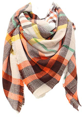 SUNDAY ROSE Femmes Plaid Écharpe Grand Frangée Tartan Châle - Kaki Orange