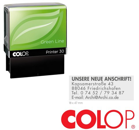 COLOP Printer Stempel Green Line 30 | mit individueller Textplatte/Logo | 18 x 47 mm - 5 Zeilen Gehäusefarbe grün
