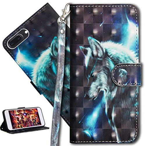 HMTECH iPhone 7 8 Plus Case 3D Wolf PU Leather Wallet Flip Case with KickStand Card Holder Bookstyle Magnetic Closure Cover for iPhone 7 8 Plus 5.5 Inch,Wolf