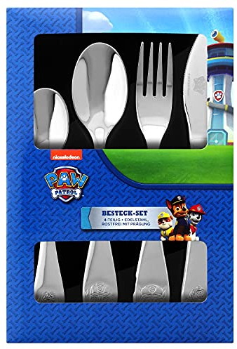 P:OS Handels P:os 29991 – Set de couverts avec empreinte Paw Patrol 4 pièces pour enfant en acier inoxydable lavable au lave-vaisselle composé d'un couteau, d'une grande et d'une petite cuillère