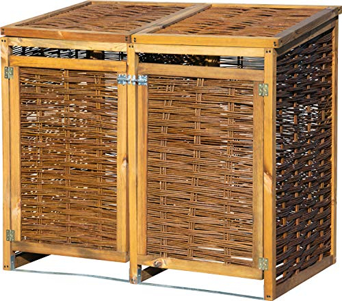 dobar® 95504 Doppel-Mülltonnenverkleidung aus Weide | aufklappbare Mülltonnenbox | Wetterfestes Mülltonnen-Versteck für 2X 120 Liter | ungeschälte Weide | Massivholz Box | 125 x 80 x 115 cm | Braun