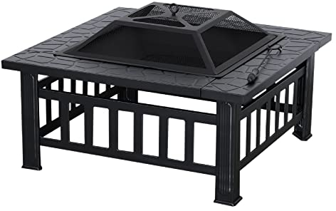 MCombo brasero avec Grille et Pare-étincelles, Panier à feu avec crocher, Foyer pour Jardin, terrasse et Balcon 81x81x44,5 cm, 0039