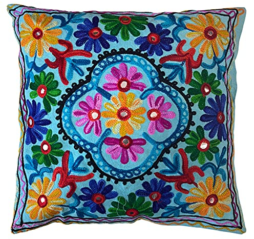 Kissenbezüge, dekorativ, Bestickt, Mandala-Blumenmuster, Ethno-Boho-Kissenbezug, Leuchtend bunter Bohemian-Bezug für Sofa, Couch, handgefertigter Schlafzimmer, Wohnzimmer, 40 x 40 cm (16 x 16 Zoll)