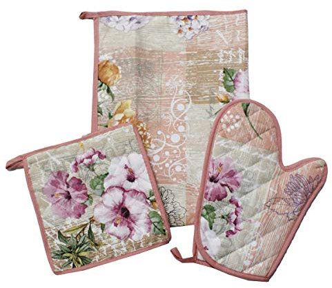 Russo Tessuti Set Cucina 3 Pezzi Presina Guantone Strofinaccio Botanic Shabby Fiori -Variante 8