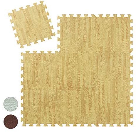 Relaxdays Bodenschutzmatte, 9 Puzzlematten f. Sport & Fitnessgeräte, 0,85 m², EVA Schaumstoff BPA-frei, Holzoptik, natur