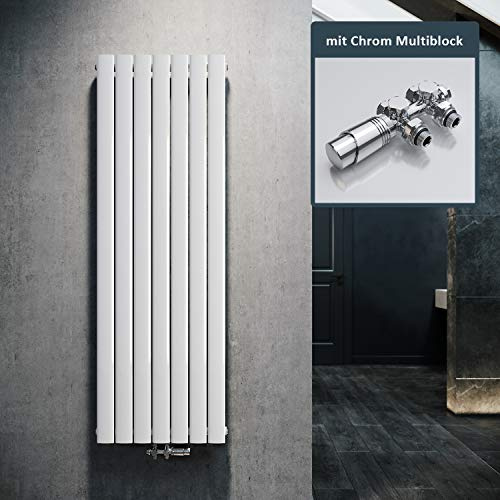 ELEGANT Design Heizkörper Flach 1600x539mm mit Chrom Multiblock Thermostat Flachheizkörper Weiß Einlagig Vertikal Heizkörper Mittelanschluss