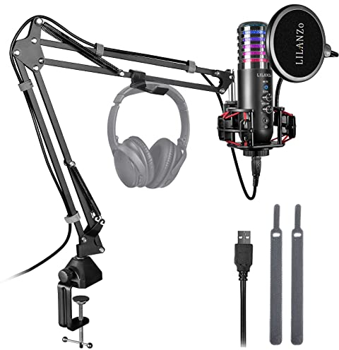 LILANZo Micrófono para juegos para PC, micrófono RGB USB PC con silencio, ganancia, monitoreo, eco, optimización de sonido, micrófono para juegos de brazo Boom para transmisión, podcast, Twitch,