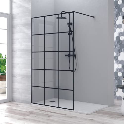 Mampara de Ducha Fijo Frontal | Panel Pantalla Fijo Ducha de Vidrio Templado de 8mm | Tratamiento Antical y Altura de 195cm | Cuadrícula Negro Mate 110cm