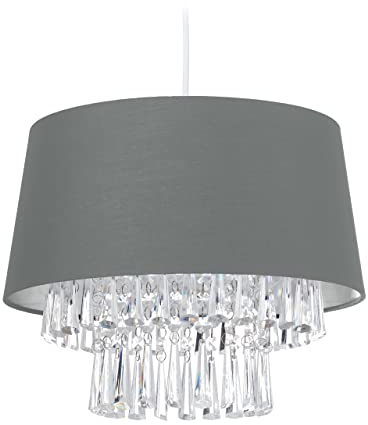 Relaxdays Hängelampe, runder Stoffschirm, mit Kristallen, E27-Fassung, HxD: 130 x 32, elegante Pendelleuchte, grau