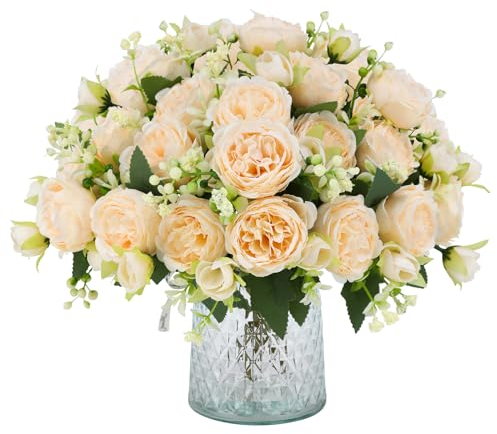 JUSTOYOU 4 Bündel Künstliche Pfingstrose mit 20 Köpfen Blumen Gefälschte Pfingstrosen Seidenblumensträuße für Hochzeit Zuhause Tischparty Fensterdekoration (Champagner)
