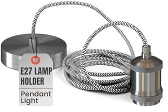 LEDSone Copper Vintage Metal Ceiling Pendant Light Fitting, Brown Round Braided Flex 1m Cable, E27 Lamp Holder Suspended Pendant Light Fitting Kit for Indoor Lightings (Copper) (Satin Nickel)
