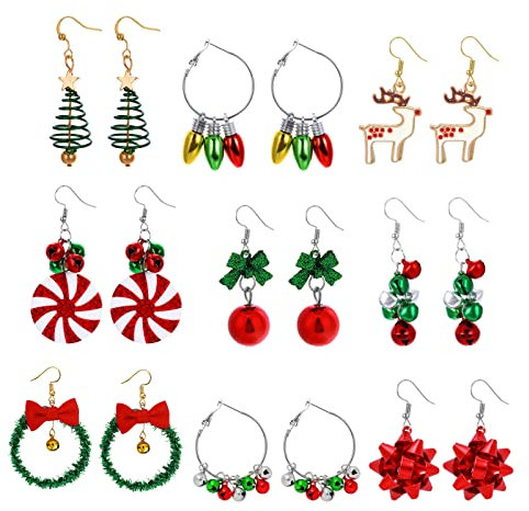 9 Paar Weihnachtsohrringe Damen Weihnachtsgeschenke Glocken Rentier Ohrringe Set Damen Mädchen Süße Weihnachtsgeschenke für Weihnachtsfeiern Weihnachten