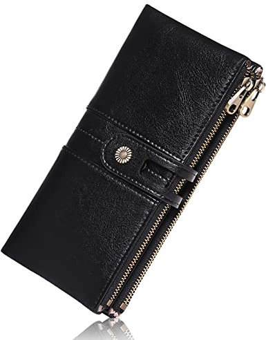 FALAN MULE Vintage Leder Portemonnaie Groß mit RFID Schutz - Damen Geldbörse mit 13 Kartenfächern und Handyfach mit Reißverschluss