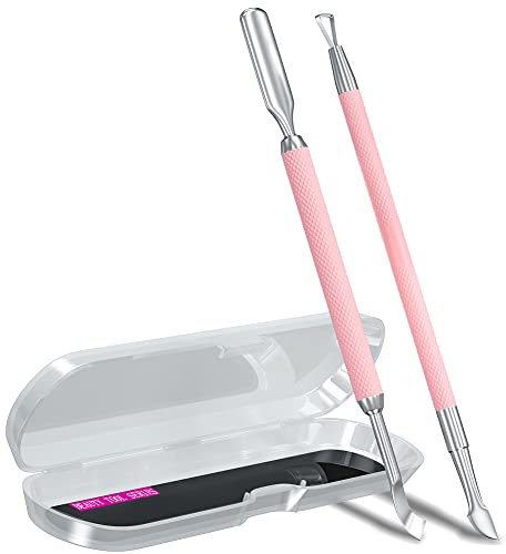 2PCS Metal Pink Cuticle Pusher and Cutter Remover Salon Quality Stainless Steel Gel Nail Polish Peeler Scraper Durable Professional Manicure Pedicure Cleaner Tool For Fingernail and Toenail