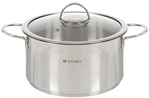 Daniks Bonn Edelstahl Kochtopf | Topf Induktion mit Glasdeckel | 24 cm 5.8 Liter | Nudeltopf Suppentopf Pastatopf | Silber