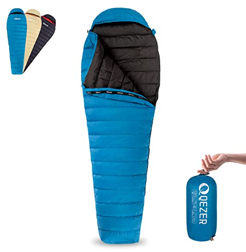 QEZER Sommer Schlafsack,nur 620g Ultraleicht Daunen Schlafsack Kleines Packmaß für Kind,Jungen und Mädchen,Erwachsener Camping,Trekking Outdoor (Blau)