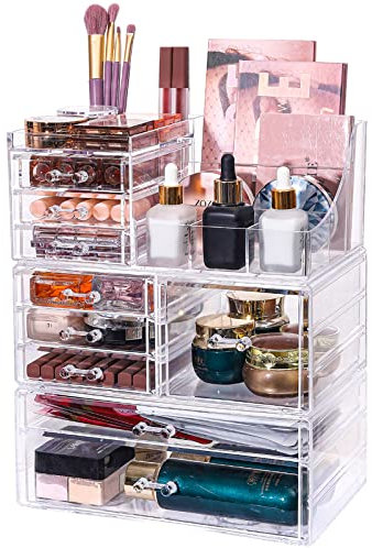Make up Organizer and Storage,Stackable Cosmetic Storage Display Case for Vanity,Clear Storage Bins with Drawers Holder for Lipstick, Brushes, Lotions, Eyeshadow, Nail Polish and Jewelry,Clear