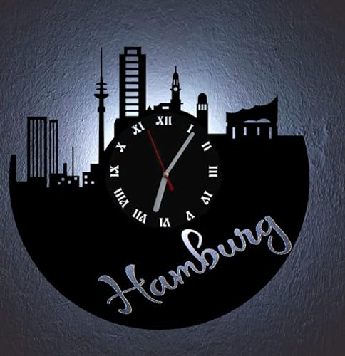 Designbysh LED Wanduhr Hamburg Skyline Uhr Hintergrundbeleuchtet mit schleichendem Uhrwerk