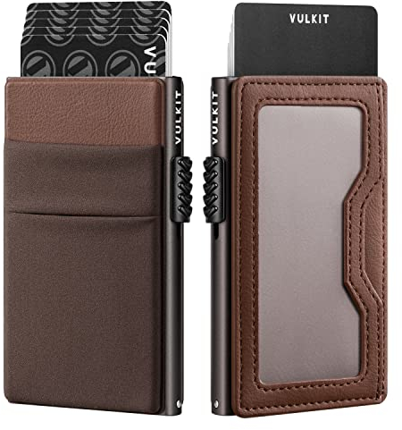 VULKIT Kreditkartenetui mit EDC-Fächern und Ausweisfenster, RFID-blockierende Pop Up Karten Geldbörse Schlanke Metall-Geldbörse (Espresso)