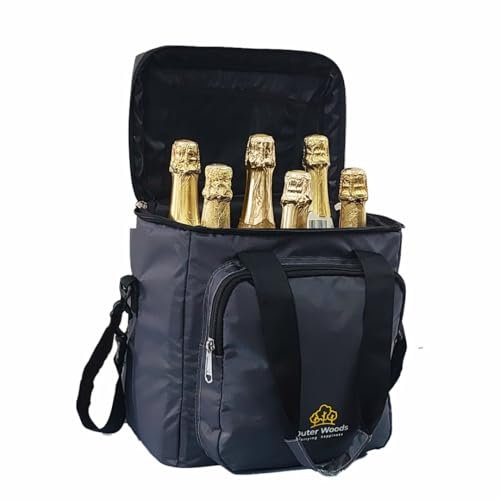 Outer Woods Insulated 6 Bottle Cooler Bag, with 6 Units of Ice Gel Packs, Wine Cooler Bag, Beer Cooler Bag, Insulated Bag, Fits 6 Full Size Bottles, Grey