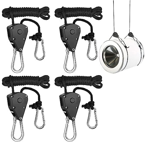 4 Stück Seil Ratsche mit Haken,Seil Ratsche Kleiderbügel Aufhänger,einstellbare Seil Ratsche für Pflanzenlampe,für Hängende Zelt Wachsen Pflanze Lampe,150lb Kapazität Pro Paar(Schwarz)