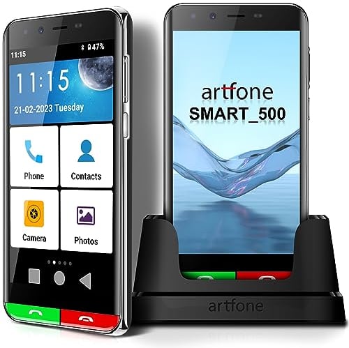 artfone SMART_500 4G Smartphone Anziani Icone Grandi丨Display HD 5 pollici丨Pulsante SOS丨Android 12丨Fotocamera posteriore 13MP丨Batteria 2800mAh丨WI-FI丨GPS丨Cellulare per anziani con Whatsapp - Nero