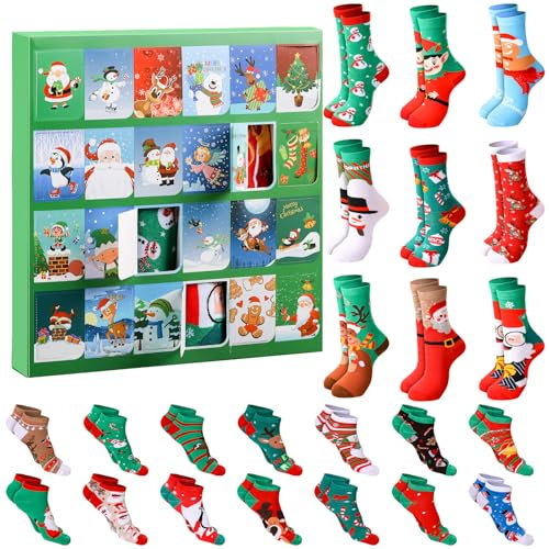 24 Paar Weihnachtssocken Adventskalender Unisex Socken Set Weihnachten 24 Tage Countdown Kalender Geschenk mit 14 Low Cut Socken 10 Kniestrümpfe Geeignet für Weihnachtsfeier Geschenke (Stricksocken)