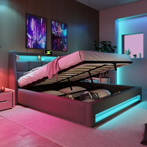 KUAKE Polsterbett 180x200 cm, Doppelbett mit Stauraum und Lattenrost, LED Kopfteil mit USB Ladefunktion, Stauraumbett Funktionsbetten Rückenlehne Bettgestell, Leinen (Grau, 180x200cm)