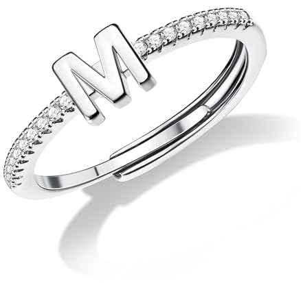Diamday S925 Sterling Silber Anfängliche Ringe für Mädchen Einstellbar Silber Verstellbarer Buchstabe Stapelbar Ringe für Damen Mädchen Brief Initial CZ Ringe Alphabet A-Z