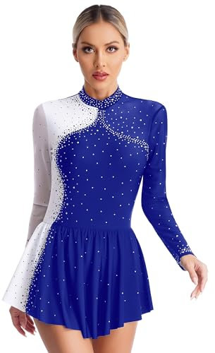 TTAO Damen Eiskunstlauf Kleid Langarm Tanzkleider mit Glitzer Mesh Spleiß Turnanzug Ballettanzug Trikot mit Rock Eislaufen Wettkämpfe Bekleidung Blau S