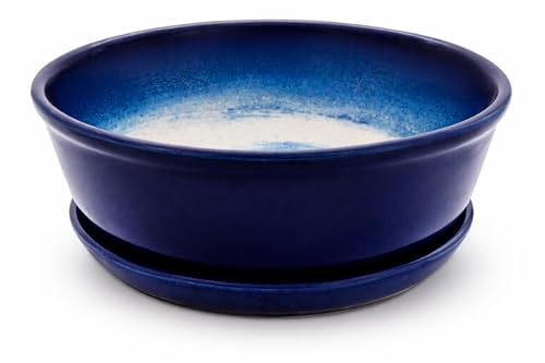 Kerazo Keramik Bonsaischale wo die Unterschale direkt an der Pflanzschale befestigt ist rund 17,5x6cm hochwertig, robust, frostbeständig, langlebig mit Bodenloch (blau)