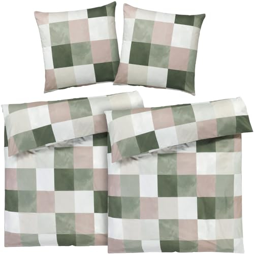 Pure Label Karierte Bettwäsche 4teilig 135x200 cm mit einem 2er Set Kissenbezüge 80x80 cm - Traumhaft weiches Bettwäsche-Sets 135 x 200 cm in grün aus 100% Baumwolle mit YKK Reißverschluss