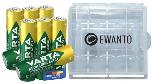 8X für Varta AA Akku 2100 mAh 1,2 V NiMH Accu Mignon 56706 Bulk + 1x Batteriebox/Akkubox zu Aufbewahrung von 4 STK. Mignon (AA) oder Micro (AAA) Batterien und Akkus mit Logo
