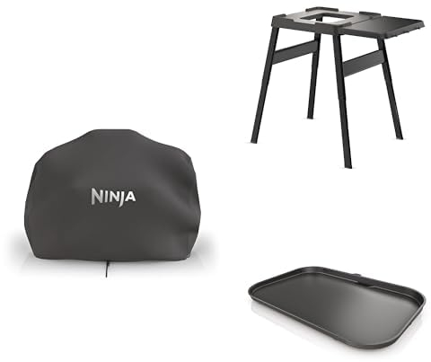 Ninja Woodfire Housse pour Barbecue XL, Compatible avec OG850 / OG901, XSKOGXLCVREU + Table d'appoint, 4718J800EUUK + Plancha XL, Plaque à rainures Plate Non adhésive, XSKOGXLFPLTEU