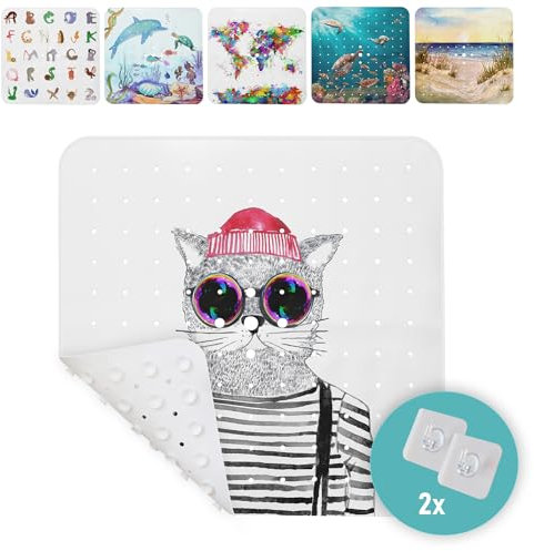 arteneur® - Duschmatte rutschfest 53x53 cm | Antirutschmatte Dusche | Inkl. Aufhängung | Schimmelresistent | Maschinenwaschbar | BPA frei | Rutschmatte Dusche Hipster Katze